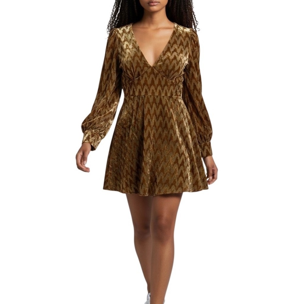 GB Gold Velvet Burnout Chevron V-Neck Long Sleeve Mini Dress Size M